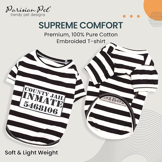 Parisian Pet Dog Shirt - Prisoner Dog Costume - 100% Cotton Black and White Stripes - Lightweight Polyester - Sleeved - 3XL