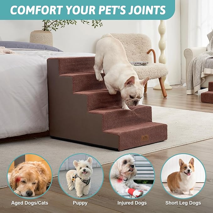 Dog Stairs for Small Dogs, 5 Tier Wider Pet Stairs for High Beds, 23.6" H Non-Slip Dog Steps for Old Cats, Puppies, Small Medium Dogs, 29.5x19.7x23.6 inch, Brown