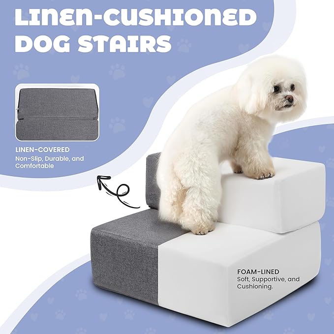 Foldable 18 Inch Wide 3 Step Wide Dog Stairs for Large Dogs, 18 Inch Height Foam Dog Steps for Bed & Couch, Linen Covered Pet Stairs for Dogs to Get on Bed, Outdoor Foam Pet Steps for for Cars & SUV