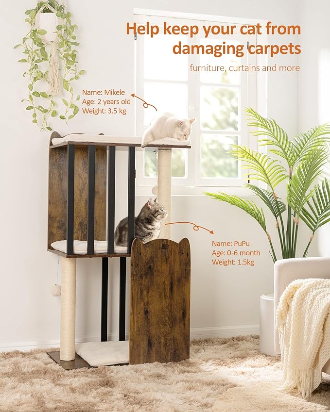 FourFurPets 43.8in 3-Tier Modern Cat Tree Tower Condo, Cat Scratch Posts for Indoor Cats, Big Plate, Two 19.7in Full Sisal Scratching Posts, Rustic Brown