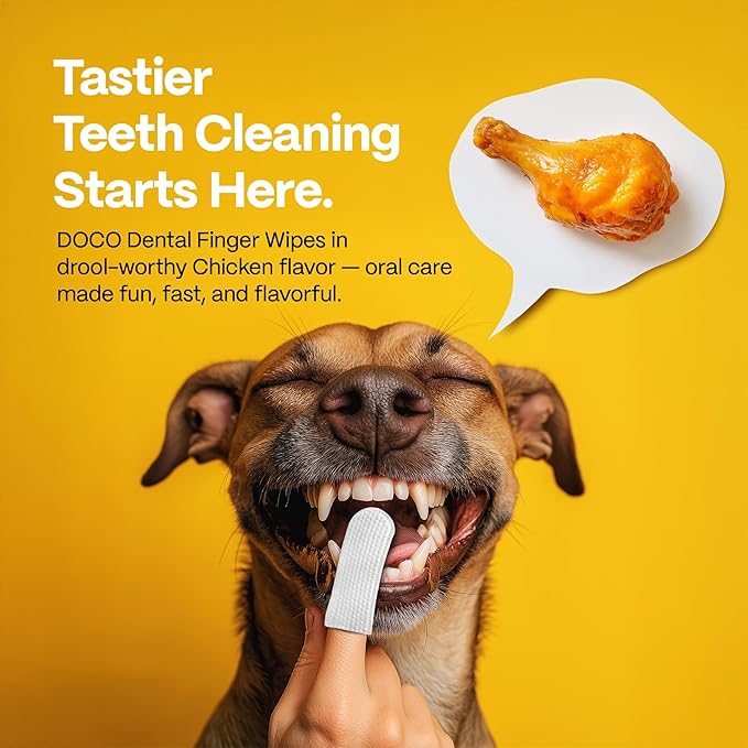 DOCO Dog Teeth Cleaning Wipes Dental Finger Wipes for Cats & Dogs Remove Plaque & Tartar, Freshen Breath, No Rinse, Easy & Effective Pet Tooth Cleaning Kit for Oral Care, Chicken Flavor, 50 Count