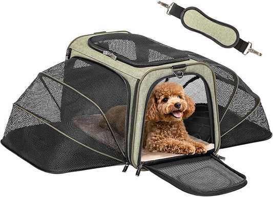 Petsfit Expandable Cat Dog Carrier Airline Approved, 17" L x 11" W x 11" H Soft-Sided Portable Pet Travel Carrier for Kitten, Puppy, Removable Soft Plush Mat and Pockets, Auto-Locking Zippers