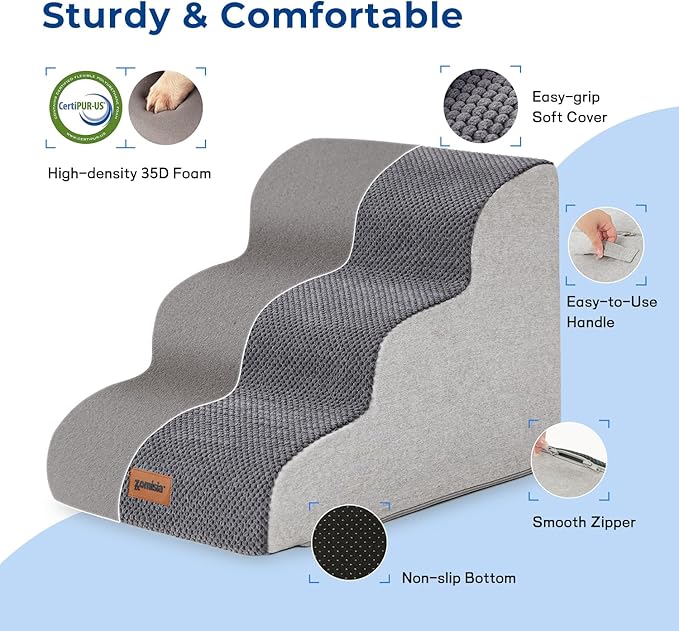 Pet Stairs for Small Dogs 15.7" H - Dog Stairs for Couch and Bed, 35D Foam Dog Steps Ramp with Non-Slip Bottom Grey, 3 Steps