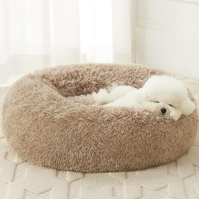 WNPETHOME Calming Dog Bed, Anti-Anxiety Donut Small Dog Bed, Fluffy Faux Fur Cat Cushion, 27 x 27 inch, Brown