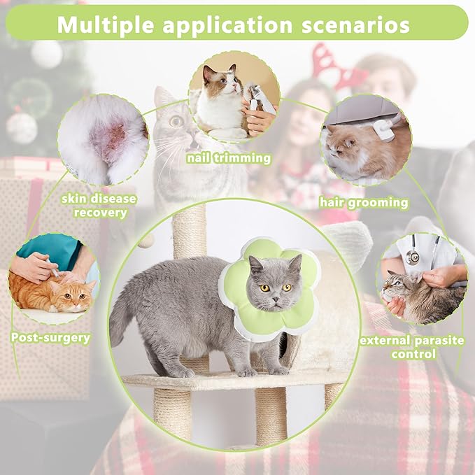 Cat Cone Collar Soft, Waterproof Cats Cones to Stop Licking After Surgery, Adjustable Soft Elizabeth Cats Collars for Wound Healing, Flower Shape Cat Recovery Collar (Green, Small)