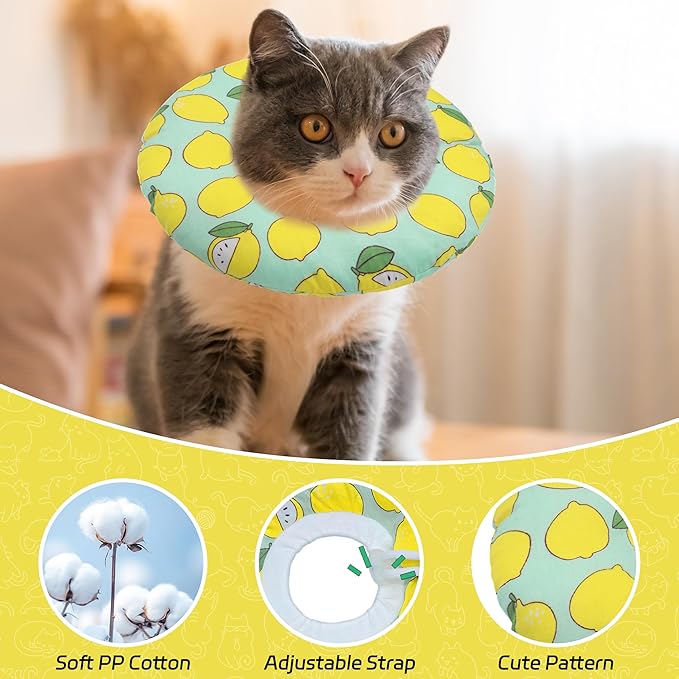 Cat Cone Collar Soft, Adjustable Cat Recovery Collars Kitten Cones to Stop Licking, Cute Donut E Collar After Surgery, Soft Cone Elizabethan Collar for Kittens (Green Lemon, Medium)