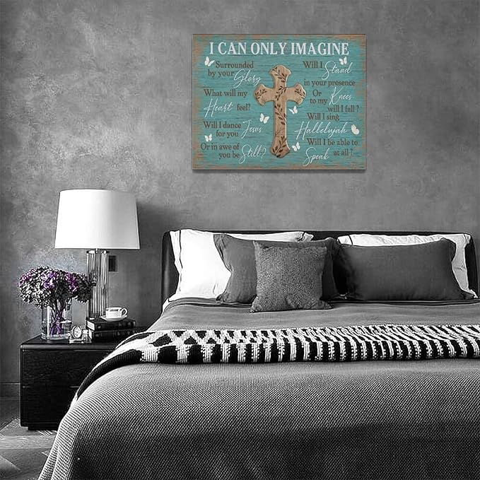 Rustic Christian Cross Wall Art I Can Only Imagine Pictures Farmhouse Butterfly Wall Decor Teal Motivational Canvas Print Painting Artwork for Bathroom Living Room Bedroom 12"x16"