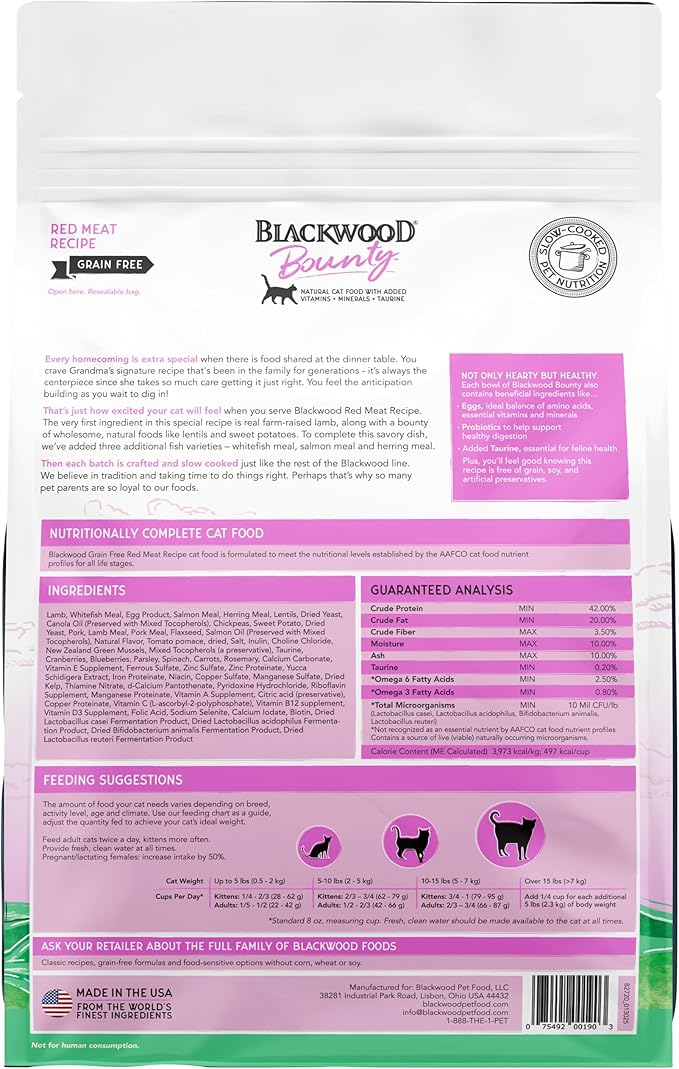 Blackwood Bounty Dry Cat Food, Red Meat Recipe for All Life Stages, 2 Pound Bag, High Protein, Grain Free