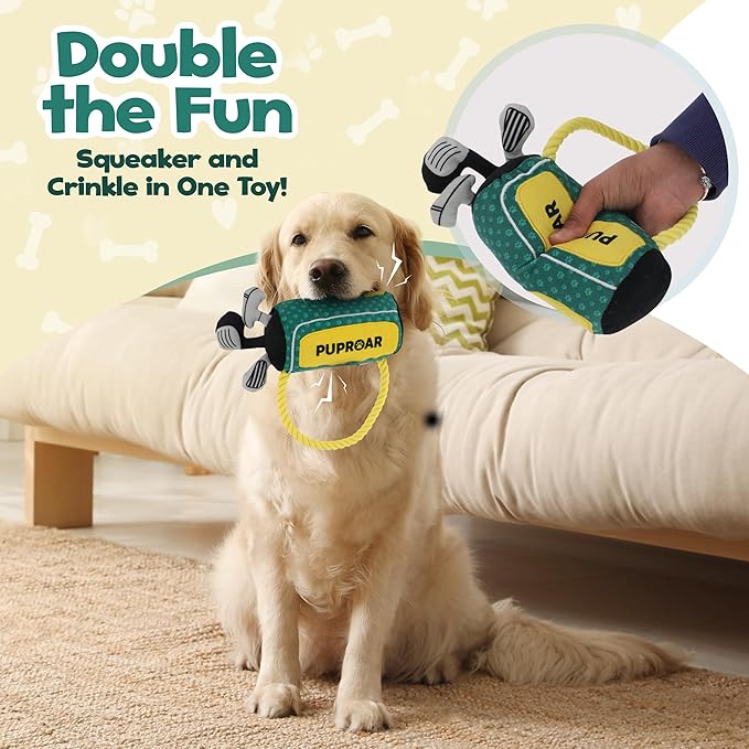 Golf Dog Toy – Birthday Dog Toy, Funny Plush Squeaky Puppy Gift with Rope & Crinkle, Golf Bag Gift