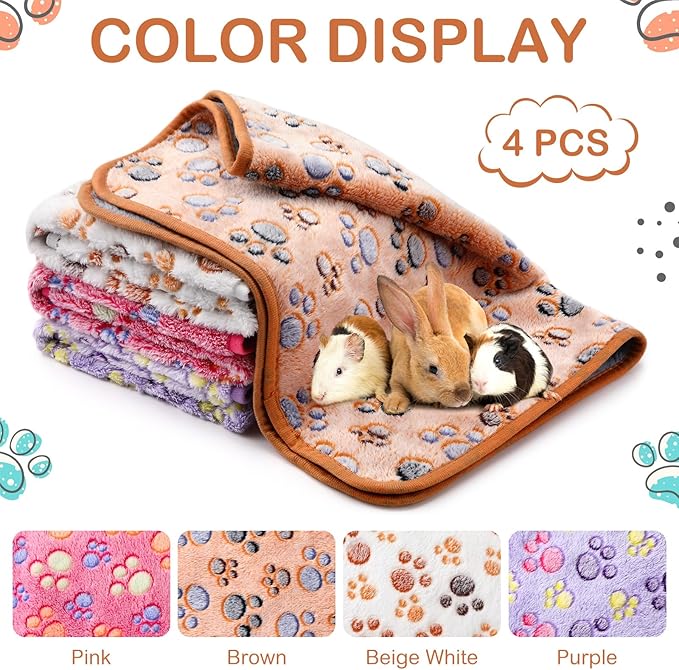 Reginary 4 Pcs Waterproof Guinea Pig Blankets Washable Small Animal Fleece Bedding Absorbent Guinea Pig Cage Liners Reusable Pet Pee Pad Sleep Mat for Hamster Ferret(Paw Print,28 x 41 Inch)