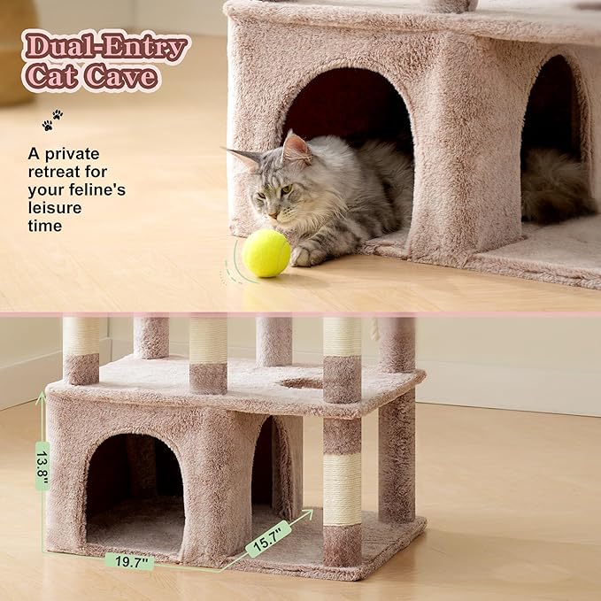 Heybly Heavy Duty Cat Tree, 71-Inch Tall Tower for Large Maine Coon with Extra-Large Baseboard, Cat Condo Furniture with Multi-Level Platforms, 2 Hammocks and 12 Scratching Posts, Muchroom HCT037MU