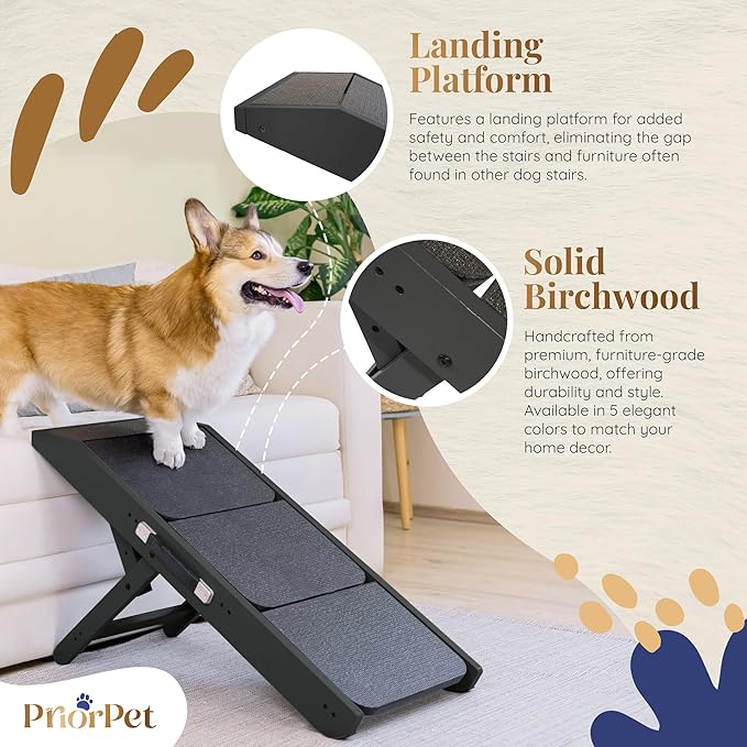 Dog Steps for Bed & Couch 2-in-1 Dog Stairs/Ramp - Height Adjustable Dog Ramp for Couch 7” - 20” - Pet Stairs, Dog Stairs for Small Dogs - Easy to Move Pet Steps with Landing Platform, Black
