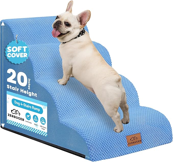 Dog Ramp and Stair for Bed 16" H-20 H,3-Step Cat Stair for Sofa and Chair,4-Step Dog Ramp for High Bed and Window,Durable Nonslip Fabric Cover for Indoor (Blue-20“H, Pet Friendly, 4)