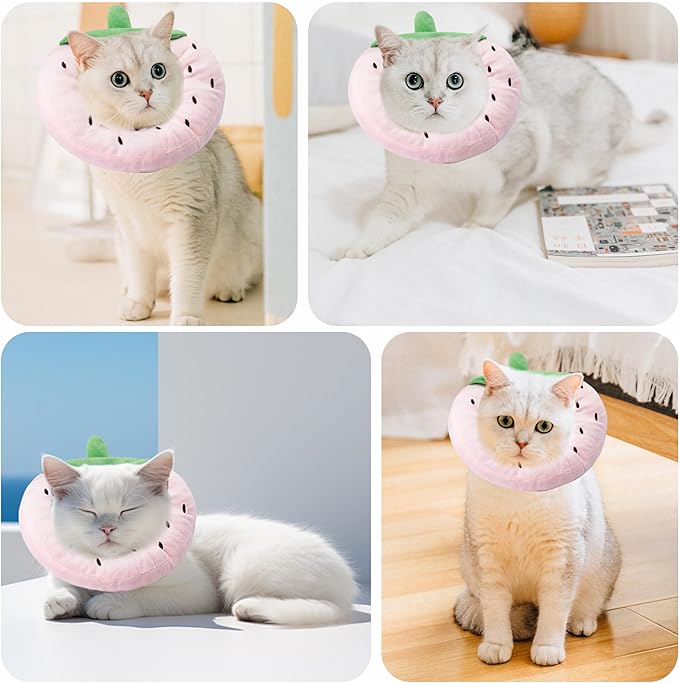 Soft Cat Cone Collar, Cute Cat Recovery Collar Suitable for Small, Medium, Large Cats,Elizabethan Neck Collar for Cats After Surgery (Strawberry, Medium)