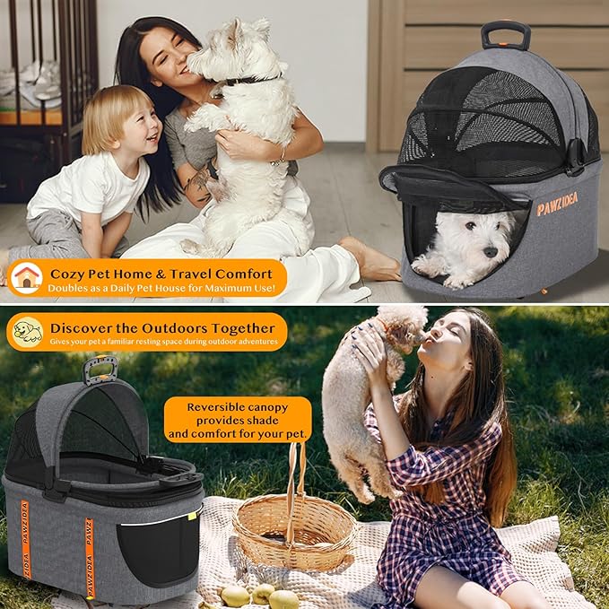 PAWZIDEA Pet Stroller 4 in 1, Dog Strollers for Small/Medium Dogs with Detachable Carrier Easy Lock Canopy, Seatbelt Puppy Car Seat, Cozy House, Foldable & Lightweight Jogger Cat Stroller, 4 Wheels
