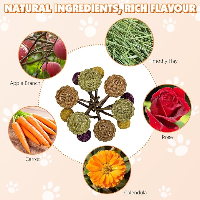 Fhiny Rabbit Chew Toys, 15 PCS Natural Bunny Lollipop Chew Sticks Handmade Guinea Pig Molar Treats for Teeth Small Animals Snacks for Guinea Pig Bunny Chinchilla Hamster Gerbil Teeth Care