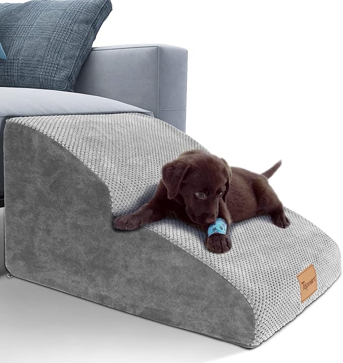 Topmart High Density Extended Foam Dog Ramp&Steps 2 Tiers,11.8" High,Non-Slip Dog Stairs,Soft Foam Pet Ladder with Waterproof Cover,Best for Injured,Older Cats,Pets with Joint Pain