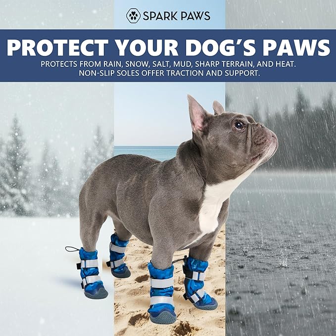 Spark Paws Dog Shoes, Waterproof Dog Boots for Medium to Large Dogs, Non Slip, Breathable Dog Booties and Paw Protectors - 4PCS Doggie Hiking Boots with Reflective Straps, Blue Camo, Size 4
