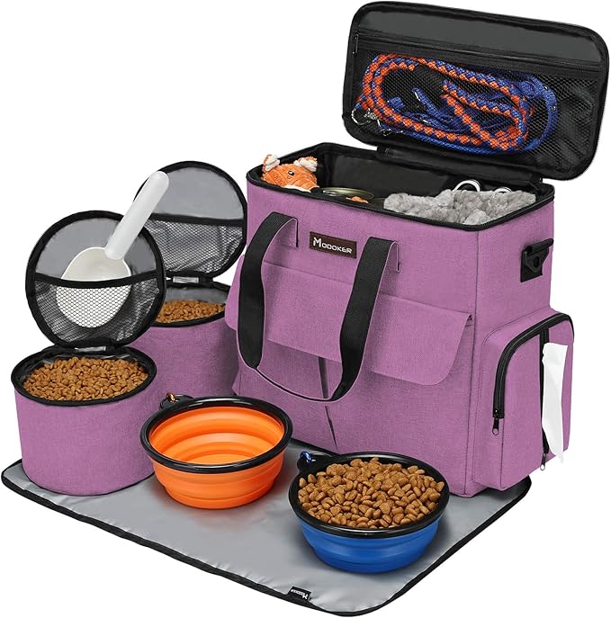 Modoker Dog Food Tote Bag, Airline Approved Pet Gear Travel Set Portable Diaper Accessories Organizer with 2 Food Storage Containers, 2 Collapsible Bowls, 1 Feeding Mat (Pink)