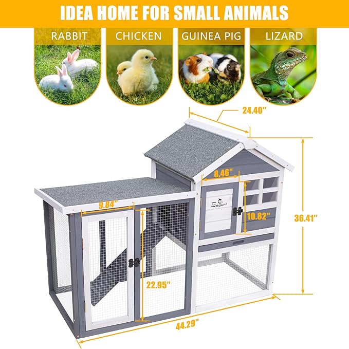 GEGURI Large Rabbit Hutch Indoor Outdoor Chicken Coop Wooden Bunny Cage with Waterproof Roof (48''L x 24''W x 36''H Grey)