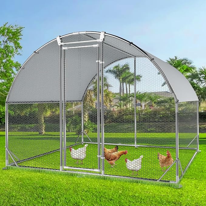 4ever2buy Large Metal Chicken Coop with Run Walk-in Poultry Cage Chicken Runs House Pen Cage Dome Roofed Chicken Coops with Anti-Ultraviolet Cover for Outdoor Yard Farm Use 9.5'W x 6.45'L x 6.3'H