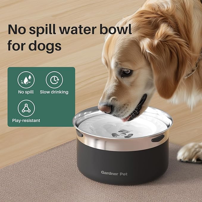 Gardner Pet Dog Bowls 1 Gallon (3.85L) Stainless Steel No Spill Dog Water Bowl, Slow Water Feeder Metal Bowls, Spill Proof Water Dispenser for Large Dogs, Promotes Healthy Hydration(Black)