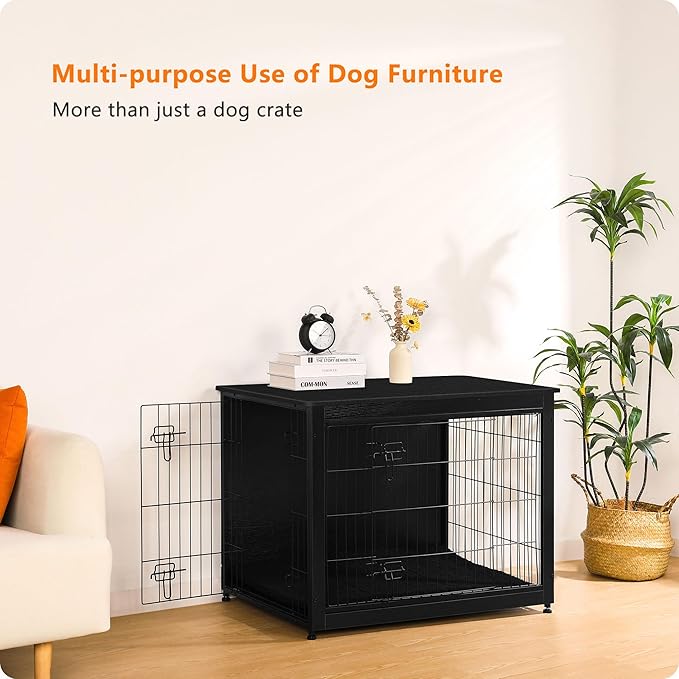 DWANTON Dog Crate Furniture with Cushion, Wooden Kennel Table with Double Doors, Indoor Dog House, Large Size, 38.5" L, Black
