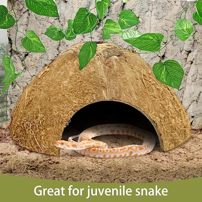 Hamiledyi 7 Pcs Reptile Hideouts Natural Coconut Shells Hut Leopard Gecko Tank Accessories for Hermit Crab Small Snake Tarantulas Lizard Chameleon Small Animal Hide Cave (with Fiber)