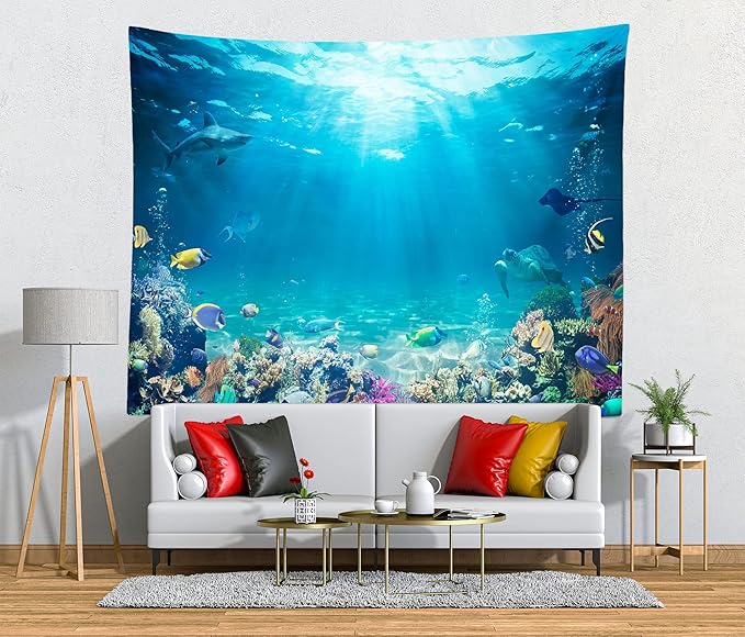 Loccor Underwater World Tapestry Blue Ocean Wall Hanging Under the Sea Coral Reef Wall Tapestry 80X60 Inches Tropical Fish Tank Undersea Tapestries Marine Wall Art for Bedroom Living Room Dorm Decor