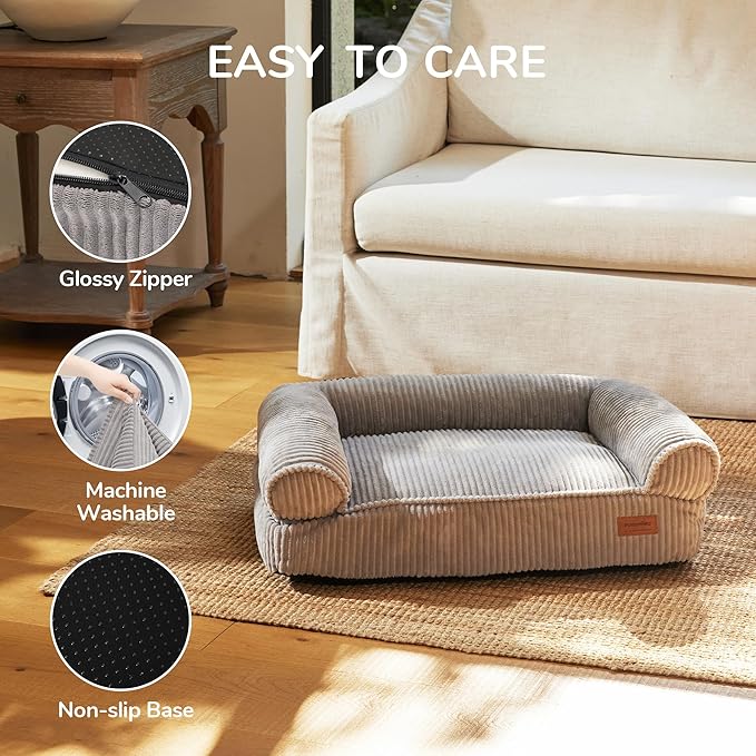 FUKUMARU Dog Couch Bed, Corduroy Cozy Cat Bed for Indoor Cats with Washable Cover, Supportive Waterproof Dog Beds Sofa for Small Dogs and Large Cats Cute, 28inch, Medium, Light Grey