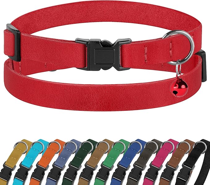 Breakaway Cat Collar Leather with Removable Bell - 13 Colors Available - Soft Adjustable Girl Boy Safety Lightweight Pet Kitten Collars Pink Brown Blue Green Red Orange Black (Red)
