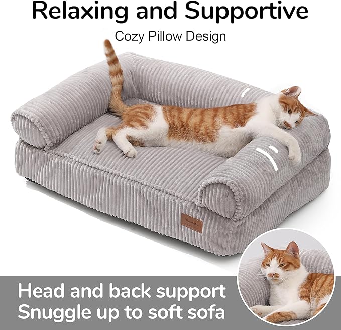 FUKUMARU Dog Couch Bed, Corduroy Cozy Cat Bed for Indoor Cats with Washable Cover, Supportive Waterproof Dog Beds Sofa for Small Dogs and Large Cats Cute, 28inch, Medium, Light Grey