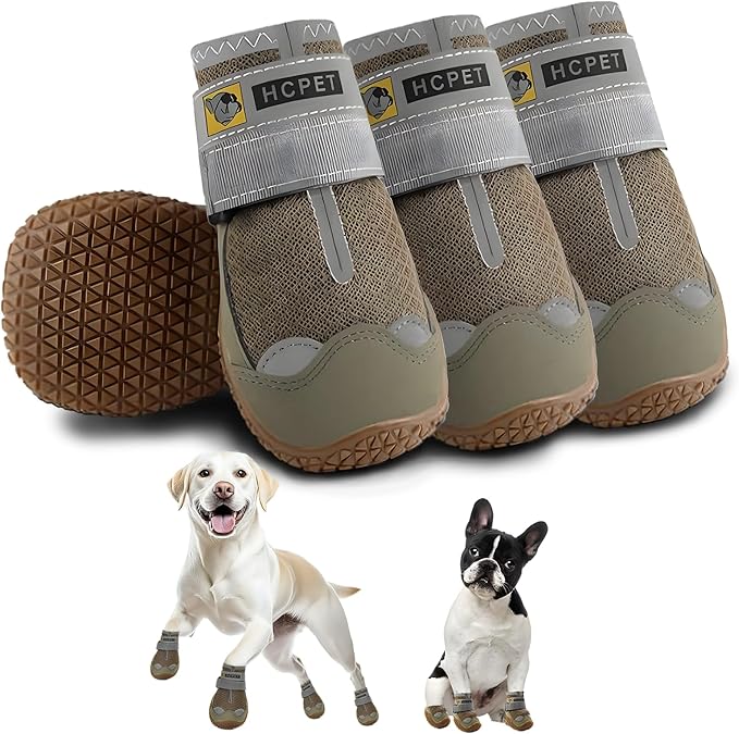 Hcpet Dog Shoes for Large Dogs, Breathable Dog Booties for Small Medium Dogs, Anti-Slip Dog Boots & Paw Protectors for Hot Pavement Winter Snow Hiking with Reflective Straps Army Green Size 8
