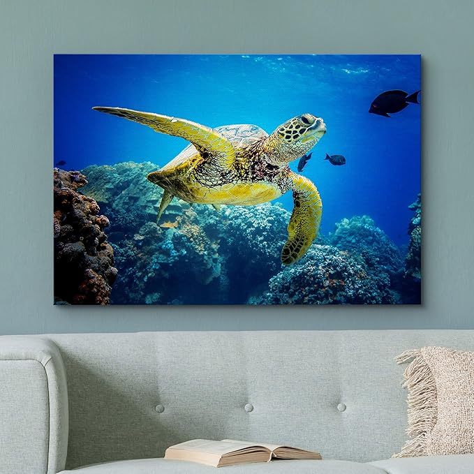 wall26 Canvas Print Wall Art Vibrant Ocean Underwater Swimming Turtle Nature Animals Photography Realism Rustic Scenic Landscape Wilderness Earth Colorful for Living Room, Bedroom, Office - 24"x36"