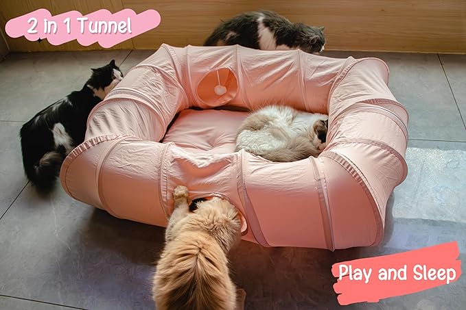 XxingSheep 4 Ways Shuttled XL Cat Tunnel Bed for Indoor Cats Peekaboo Cat Cave Donut with Cool Mat (Pink)