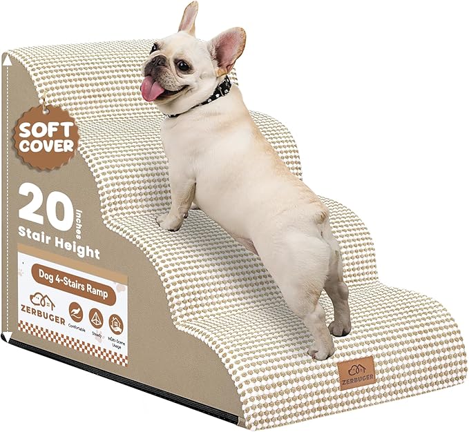 Dog Ramp and Stair for Bed 16" H-20 H,3-Step Cat Stair for Sofa and Chair,4-Step Dog Ramp for High Bed and Window,Durable Nonslip Fabric Cover for Indoor (Beige-20 H, Pet Friendly, 4)
