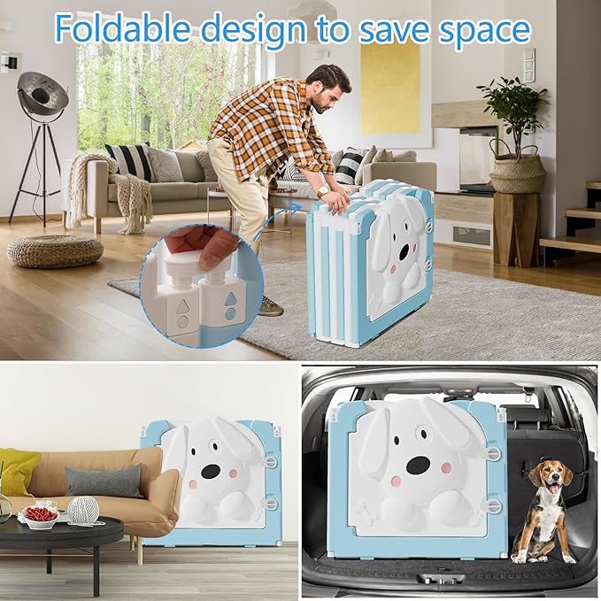 Foldable Dog Play Pen Indoors, Non-Slip Sturdy Puppy Playpen with Door, 25.5" H 12-Panel Adjustable Shape Dog Fence Pen for Small/Medium Dogs, Thickened, Easy to Store, White+Blue