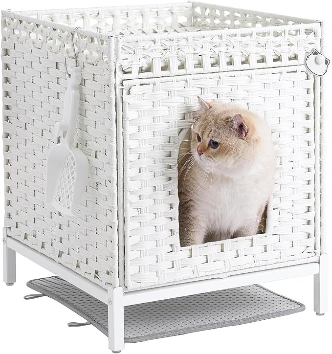 Cat Litter Box Enclosure Hidden Litter Box Furniture with Metal Heightened Feet, Rattan Handwoven Cat House with Litter Mat, Hidden Litter Box Furniture for Bedroom Living Room White