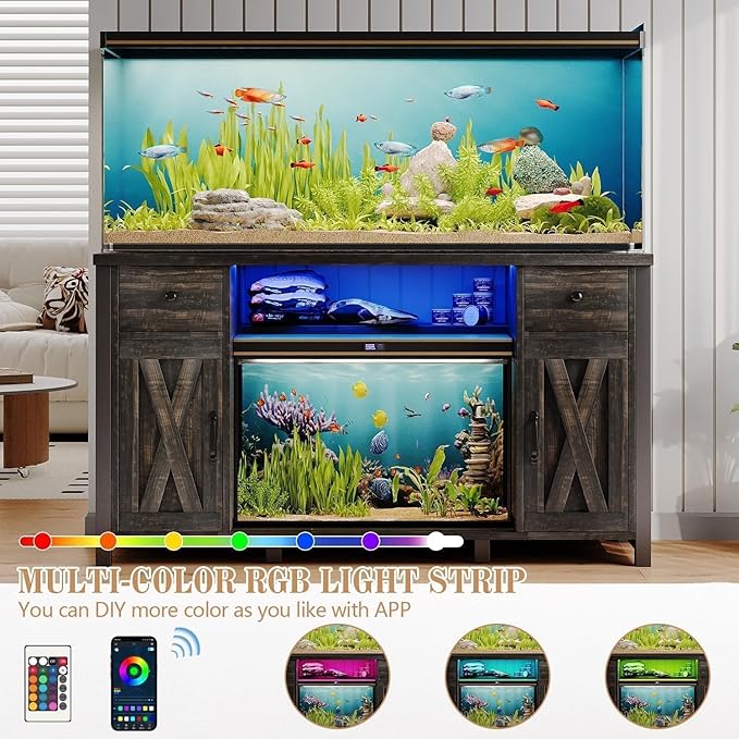 75 Gallon Fish Tank Stand with LED Light & Power Outlets, 55-75 Gallon Heavy Duty Metal Aquarium Stand with Drawers & Barn Doors, Cabinet for 2 Fish Tank Accessories Storage, Dark Oak