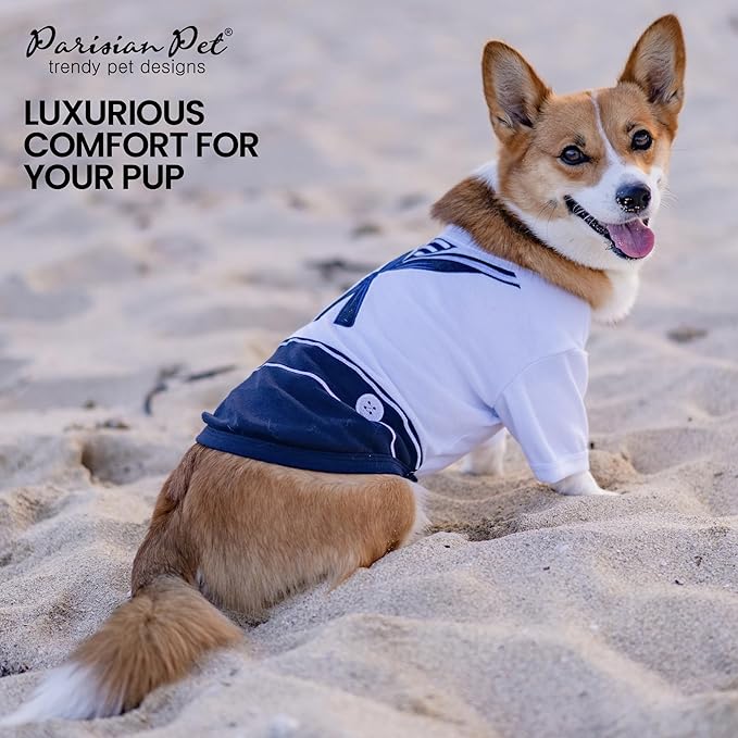 Parisian Pet Dog Shirt - Embroidered Sailor Dog Costume - 100% Cotton & Polyester Pet Costume - Sleeved Dog Clothes - Blue and White Dog Costumes for Small Dogs - Dog Shirts - S