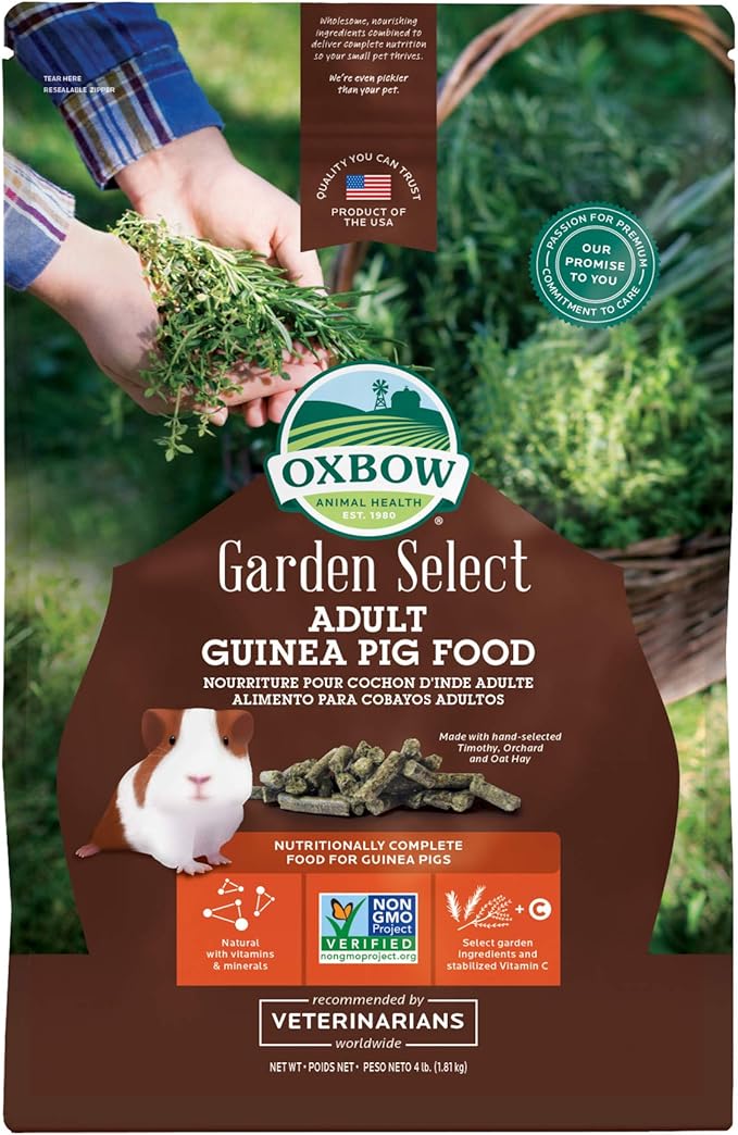 Oxbow Animal Health Garden Select Guinea Pig Food, Adult Guinea Pig, Made Timothy Hay, Vitamin & Mineral Rich Pet Food Pellets, Made in USA, High Fiber, 4 lb Bag