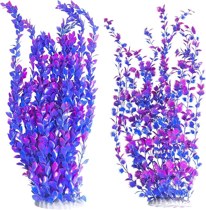Hamiledyi Aquarium Plastic Plants Aquarium Decor Artificial Fish Tank Plants,Tall Fish Tank Decorations, Extra Large Aquarium Plant 23.6-inch Tall,2PCS（Purple Style A）