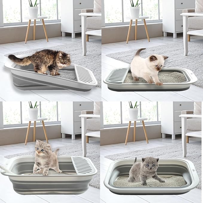 Low Entry Kitten Litter Box, Collapsible Shallow Litter Box Senior Cats Anti-Splashing Kitty Training Open Potty Pan Scoop Leak-Proof Pedal Cat Toilet No Smell Easy Clean
