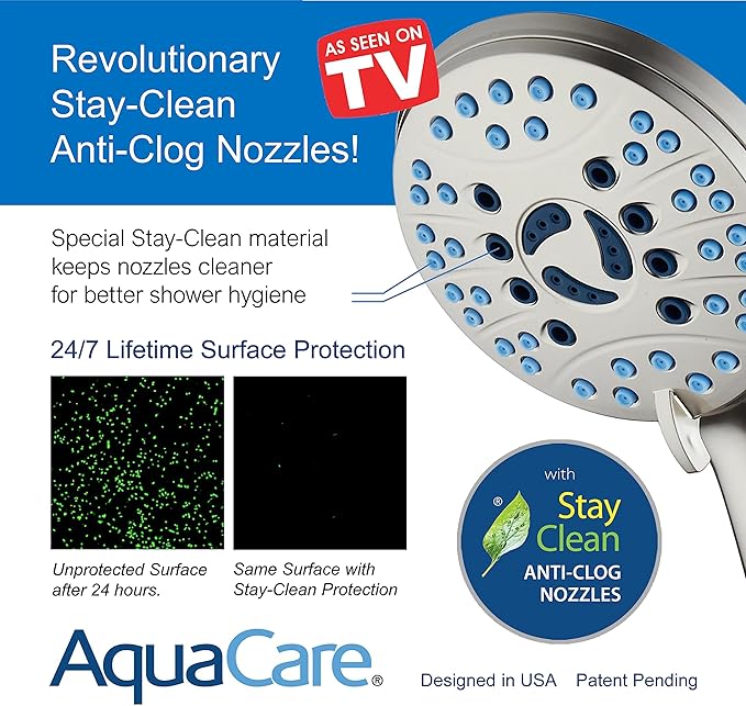 Hotel Spa AquaCare High Pressure 8-mode Handheld Shower Head, Anti-clog Nozzles, Built-in Power Wash to Clean Tub, Tile & Pets, Extra Long 6 ft. Stainless Steel Hose, Wall & Overhead Brackets