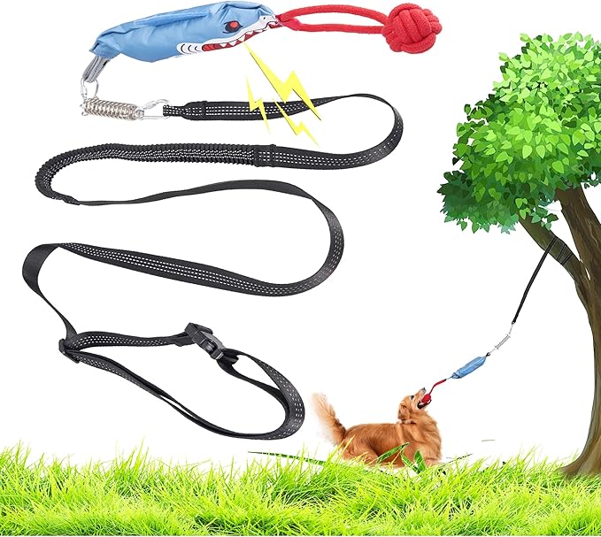 Dog Tree Tug of War Toy with Squeaky, Tethered Tug of War Outdoor Toy Self Play for Aggressive Chewers, Durable Bungee Cord with Chew Ball