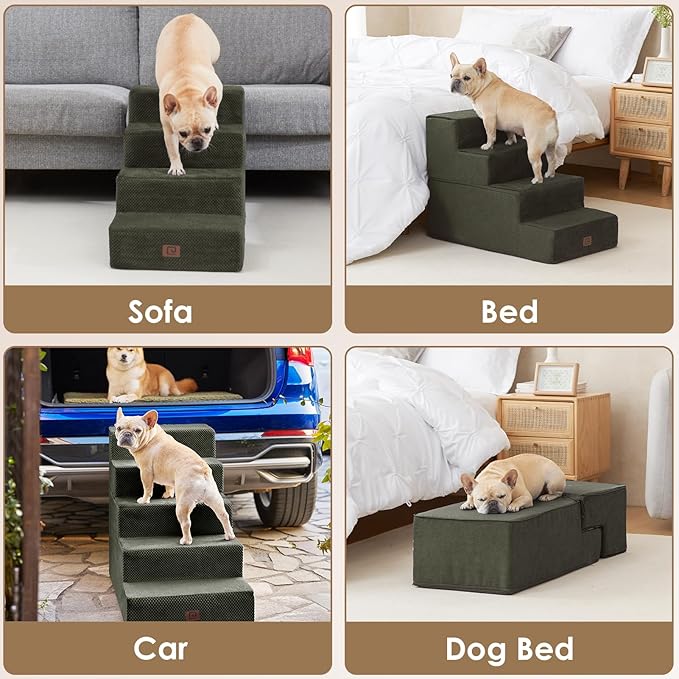 EHEYCIGA Dog Stairs for Bed 20" H, 4-Step Extra Wide Dog Steps for High Bed, Pet Steps for Small Dogs and Cats, Non-Slip Balanced Pet Ramp Indoor, Olive Green