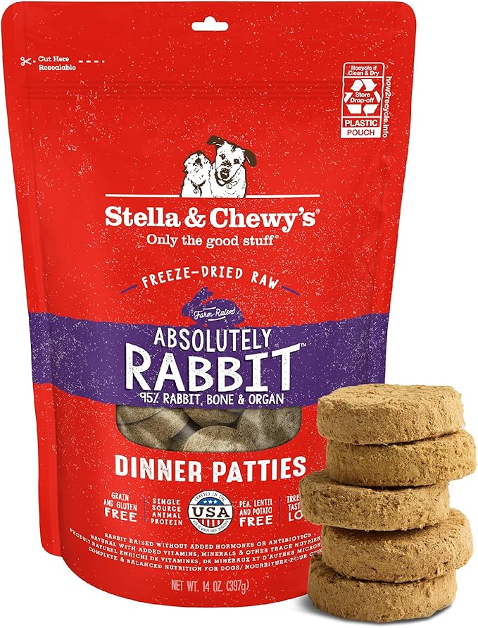 Stella & Chewy's Freeze-Dried Raw Dinner Patties - Absolutely Rabbit Recipe - High Protein Grain-Free Puppy & Dog Food - Perfect For Picky Eaters - 14 oz