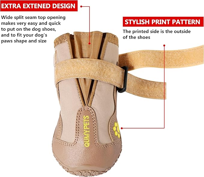 QUMY Dog Shoes for Large Dogs, Medium Dog Boots & Paw Protectors for Winter Snowy Day, Summer Hot Pavement, Waterproof in Rainy Weather, Outdoor Walking, Indoor Hardfloors Anti Slip Sole Khaki 6