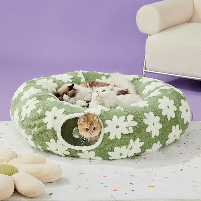 Lesure Large Cat Tunnel Bed - Cute Donut Bed for Indoor Cats with Washable Circle Cushion, Round Pet Peekaboo Cave Toy for Multi Kitten/Puppy/Rabbit, Large Green