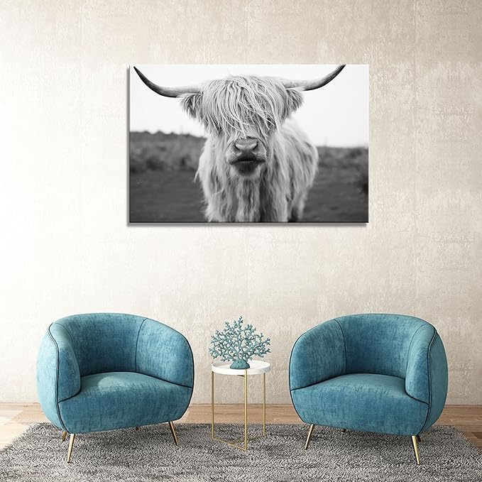 XXMWallArt FC3681 Highland Cow Canvas Art - Black and White Animal Wall Art for Living Room, Bedroom, Office Wall Decor
